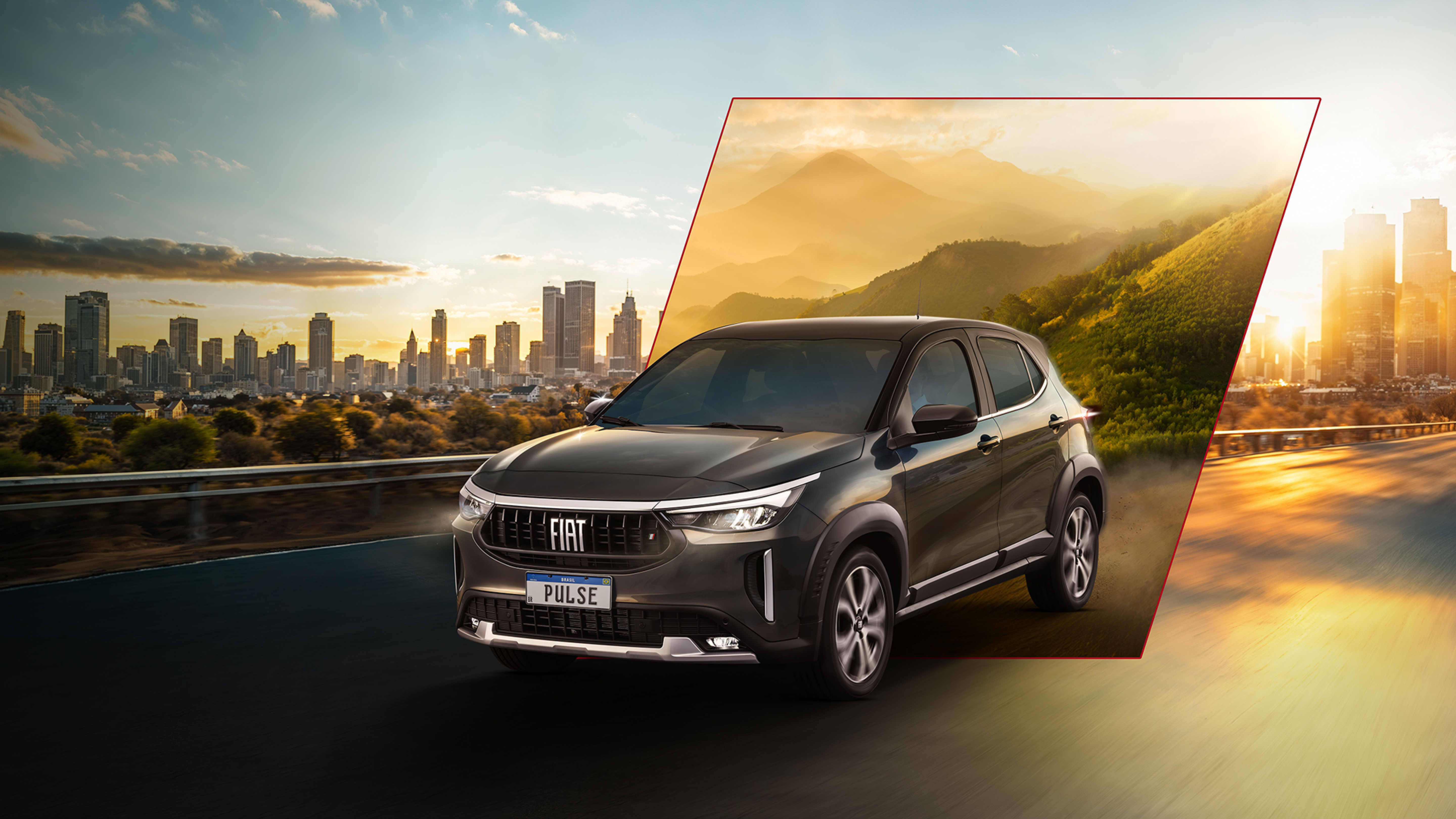 Fiat Pulse na versão híbrida, percorrendo em alta velocidade uma pista asfaltada com cenário majoritariamente urbano ao fundo. Um recorte, no cenário da parte traseira, mostra o SUV percorrendo um paisagem montanhosa.
