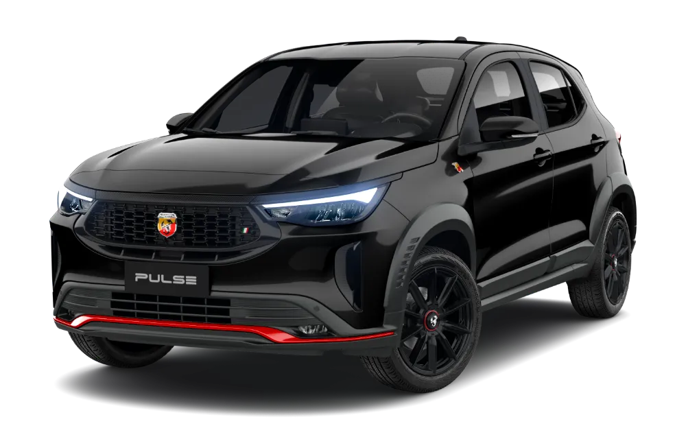 Visão frontal do Fiat Pulse Abarth na cor preta, com os faróis ligados.