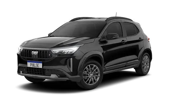 Visão frontal do Fiat Pulse Drive 1.3 Automático na cor preta, com os faróis ligados.